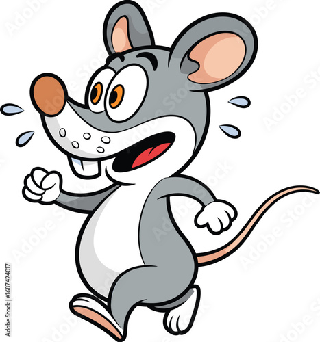 Running cartoon mouse, sweating character, scared expression, orange eyes, vector illustration, panic pose, funny animal, energetic movement, cartoon style, white background