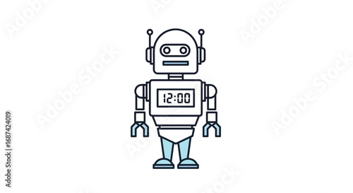 Simple Line Art Robot Illustration with Digital Clock Display.