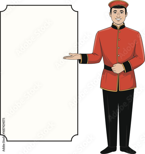 Hotel bellhop cartoon character, hospitality welcome icon, red uniform doorman illustration, blank signboard design, guest service graphic, promotional vector, concierge symbol artwork