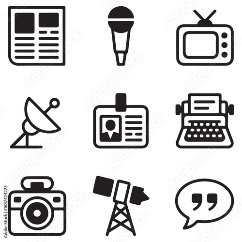 Assortment of media and communication icons including newspaper microphone television satellite dish ID badge typewriter camera telescope and speech bubble