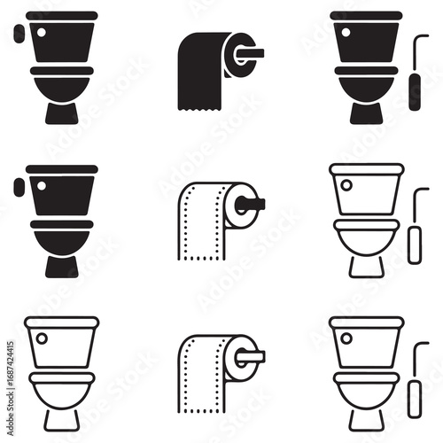 Bathroom Icons Set Toilet Paper Roll and Toilet Bowl Collection Keywords: toilet, bathroom, icon, symbol, restroom, WC, lavatory, sanitary, hygiene, clean, flush, seat, lid, paper, roll, holder