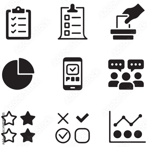Business and Survey Icons Including Clipboard Pie Chart Voting and Stars on White Background Keywords: business, survey, icon, symbol, clipboard, checklist, document, pie, chart, graph, voting