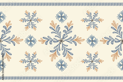 Vintage floral ethnic tapestry modern embroidery texture boho design vector illustration hand drawn silhouette indigo blue flower motif branches leaves wallpaper seamless background border.