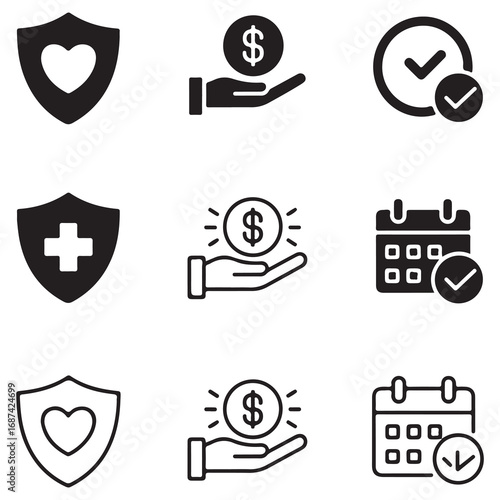Collection of healthcare and finance icons including shields with heart and cross, hands holding dollar coins, and calendars with checkmarks