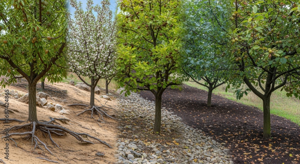 Naklejka premium Dynamic medium shot of mixed nut tree types in varying soil conditions illustrating adaptability to different environmental challenges.