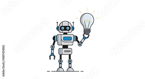 Cartoon Robot Holding Illuminated Lightbulb, Idea Concept.