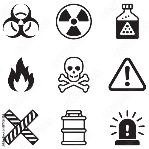 Collection of nine hazard and warning symbols biohazard symbol radiation symbol