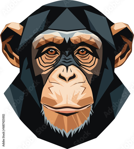 A geometric illustration of a chimpanzee's head, featuring detailed facial features and a dark, polygonal design.