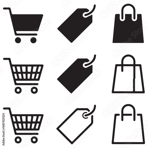 Collection of shopping icons including shopping carts price tags and shopping bags in solid and outline styles Keywords: shopping cart shopping bag price tag label sale discount offer promotion