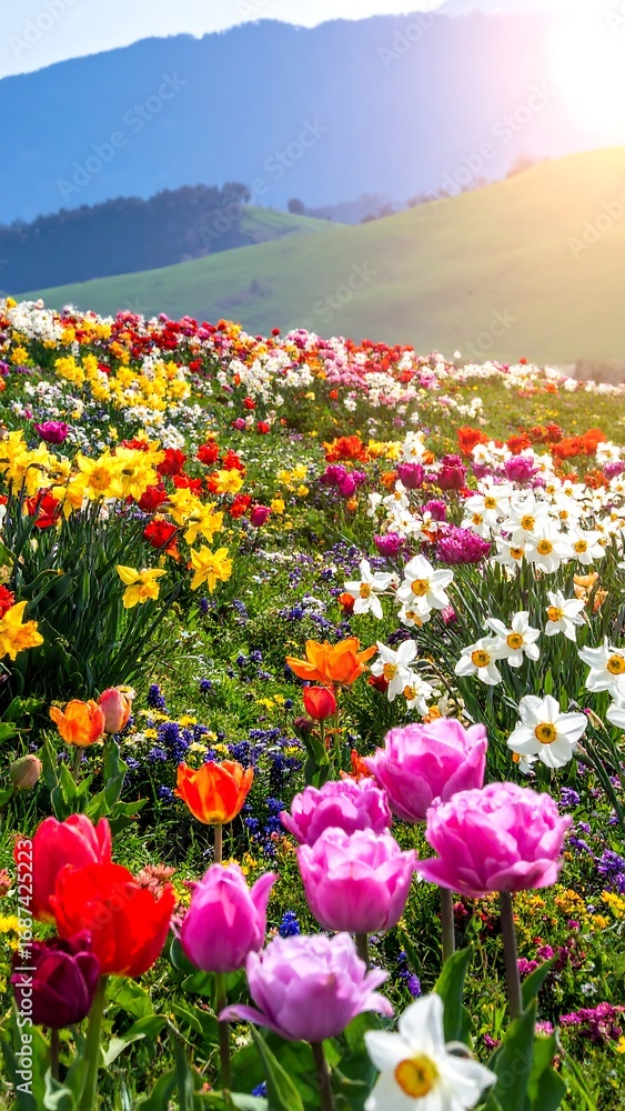 Obraz premium Vibrant flower field against a mountain backdrop