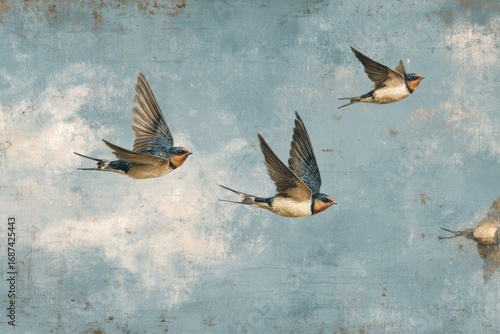 Three swallows in flight against a textured, light blue sky