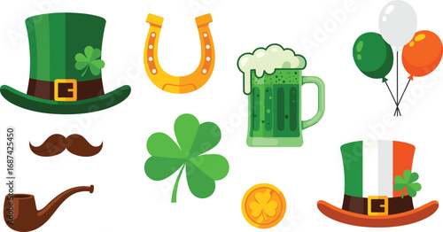 St. Patrick’s Day icon set, Irish celebration symbols, shamrock and leprechaun elements, festive holiday vector, green beer illustration, cultural party graphics, lucky charm pack
