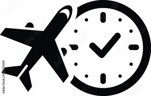 Airplane and clock icon, flight schedule symbol, travel planning vector, aviation time management graphic, punctuality illustration, black silhouette design, booking confirmation artwork
