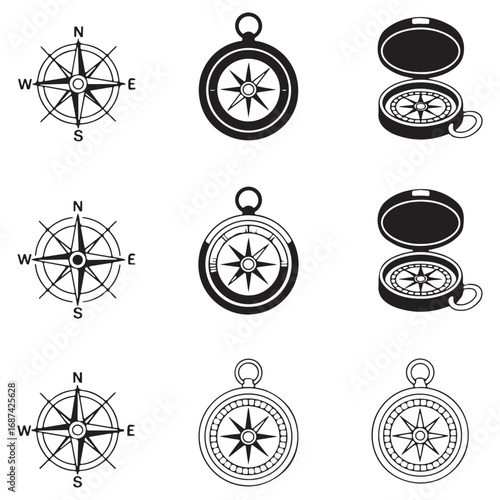 Nine Compass and Wind Rose Icons in Black and White on a White Background Keywords: compass, navigation, direction, north, south, east, west, wind rose, map, travel, exploration, journey