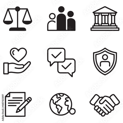 Set of legal and social justice icons including scales of justice people group courthouse heart in hand chat bubbles shield and handshake Keywords: scales of justice law legal justice court