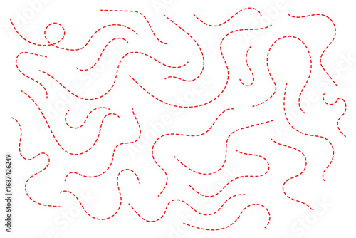 Hand drawn dotted lines path isolated on white background. Path travel dotted line trip dashed trace destination track plan and silhouette, travelling symbol.