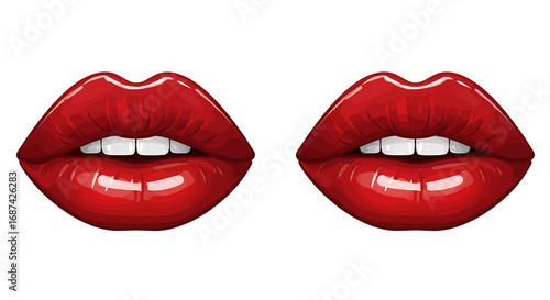 Close-up illustration of two pairs of glossy red lips, teeth visible.