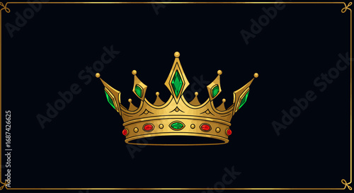 Ornate golden crown with emerald and ruby jewels, set against a dark background.