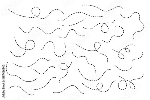Hand drawn dotted lines path on white background. Curved dotted line, Path travel dotted line trip dashed trace destination. Vector illustration