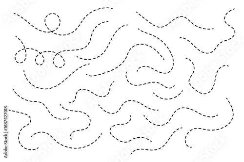 Hand drawn dotted lines path on white background. Curved dotted line, Path travel dotted line trip dashed trace destination. Vector illustration