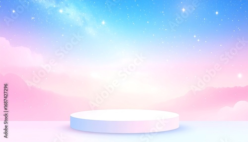 Pastel sky backdrop with a white podium