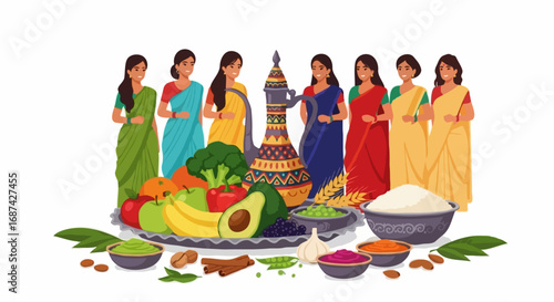 Group of Indian women happy celebrating traditional harvest festival with healthy food.
