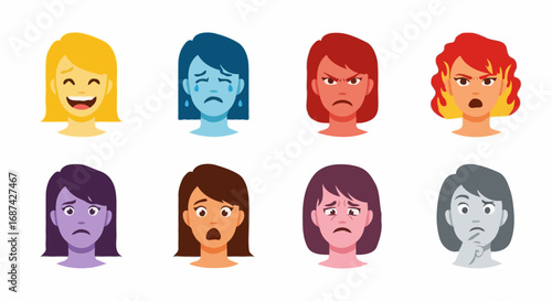 Set of colorful images of female facial expressions, with different hairstyles, representing various emotions on a white background.