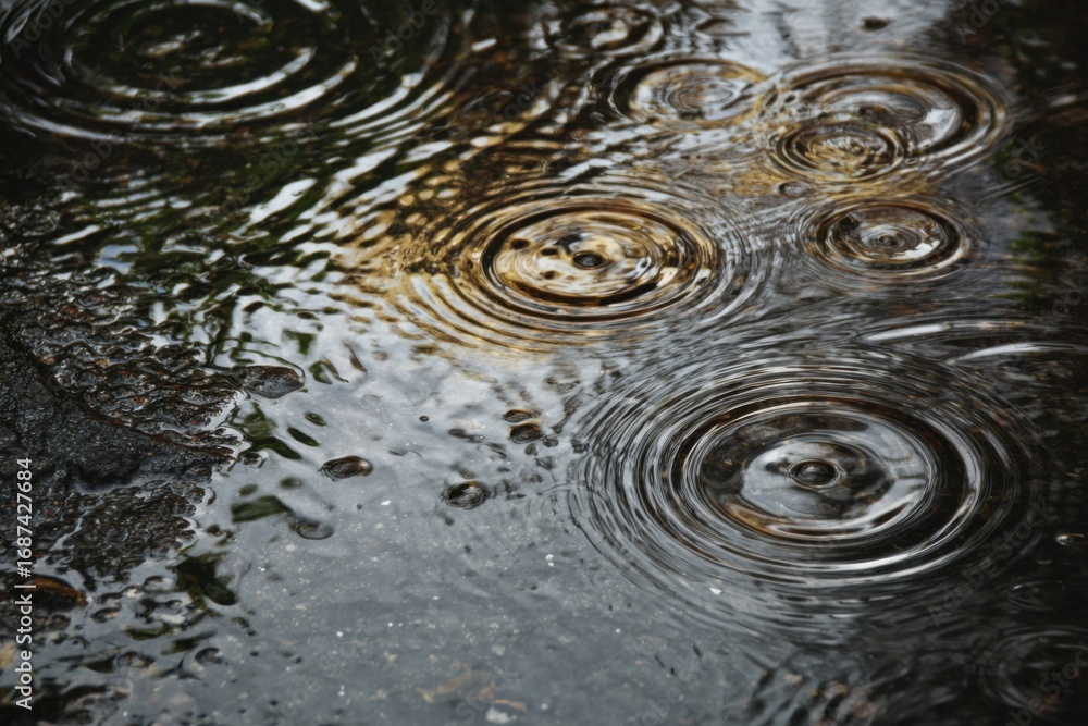 Fototapeta premium Rain-slicked puddle, concentric ripples