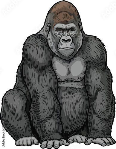 A powerful gorilla sits with a serious expression, showcasing its muscular build and imposing presence.