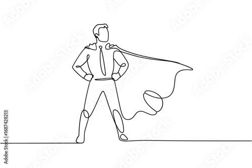 Heroic figure in a cape stands tall in a simple line drawing