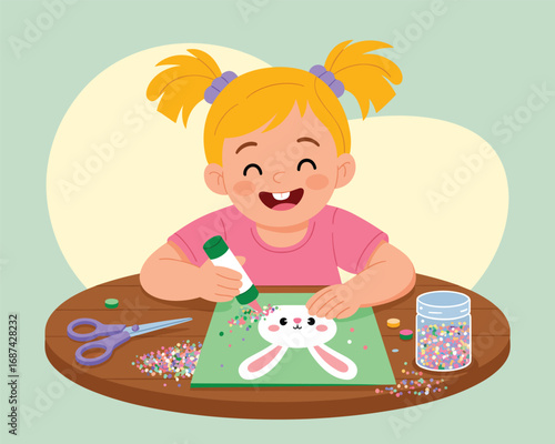 A charming flat vector illustration of a happy girl doing a creative paper craft project with a bunny