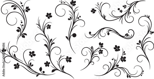 Collection of Black Floral Swirls and Small Flower Embellishments flourish vine