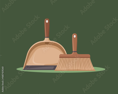 A simple and stylized vector illustration of a hand broom and dustpan set for cleaning