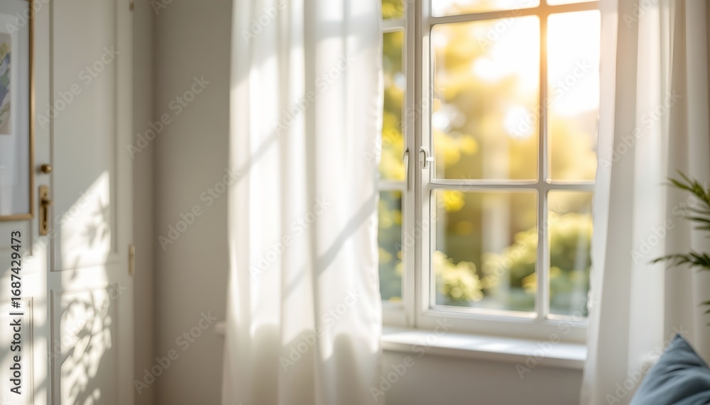 Fototapeta premium a tranquil setting featuring a brightly lit room with sunlight streaming in through open curtains