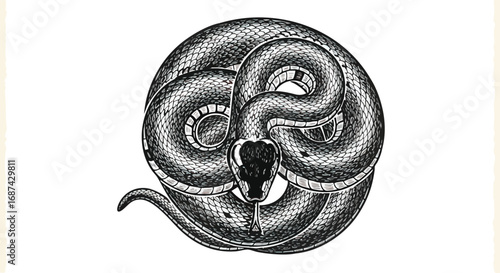 Detailed illustration of a snake coiled in a circle, head raised, on a white background.