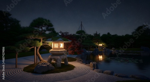 Tranquil evening scene in a beautiful Japanese zen garden featuring a glowing stone lantern, calm water, and meticulously raked sand