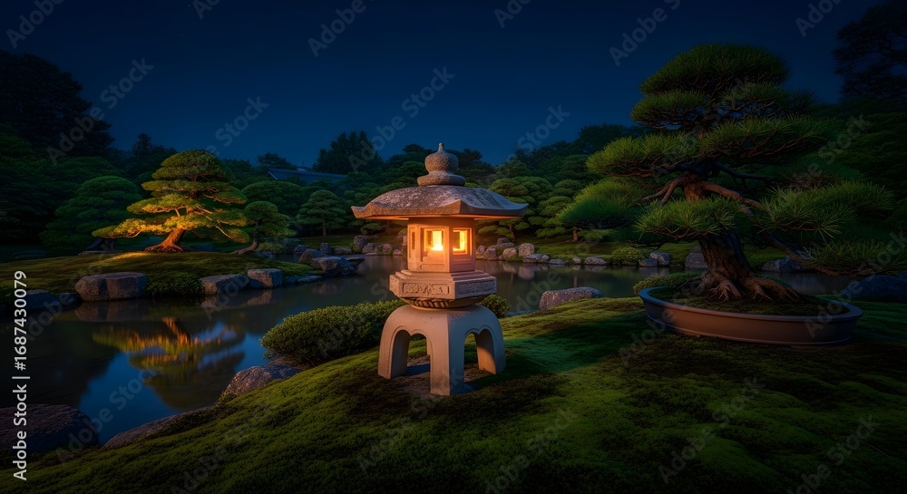 Obraz premium Tranquil Night Scene Japanese Garden with Stone Lantern Illuminating the Landscape