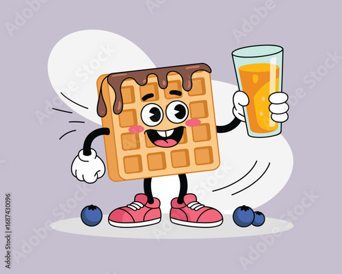 Cheerful cartoon waffle character holding juice, a modern flat vector breakfast illustration