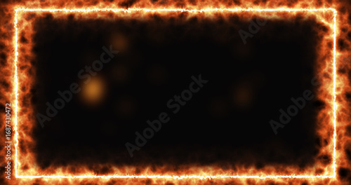 Burning rectable background with realistic surreal fire ember rising up. Glowing fire frame with sparks bursting out rectangular border, suitable for hot transitions, fx overlays. Rect flames