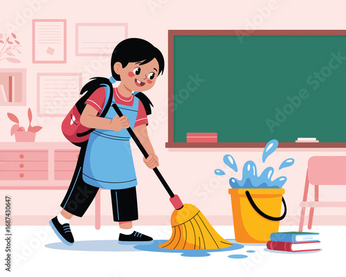 Child Cleaning the Classroom with a Mop and Bucket Education and Cleanliness