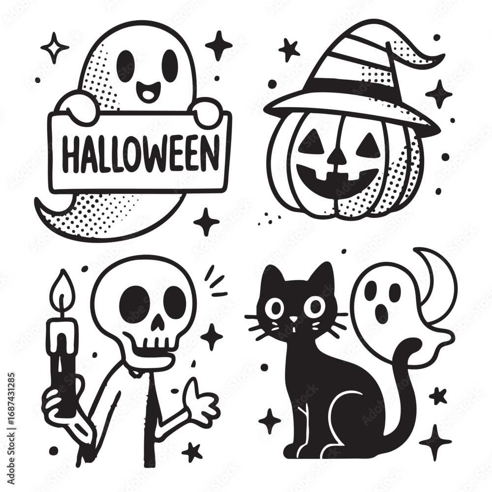 Obraz premium Halloween themed illustrations with ghosts, pumpkin, coloring, coloring book, coloring page