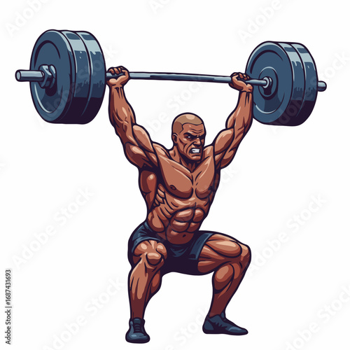 A squatting muscular weightlifter performs a squat with a barbell above his head.