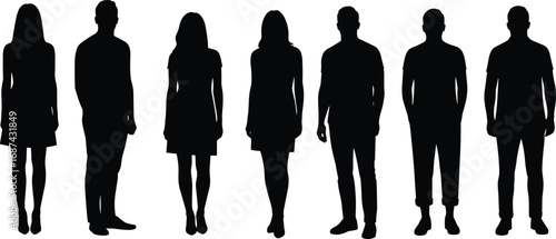 Group of business people silhouettes standing together, teamwork concept, professional staff, office employees, corporate team, black vector illustration