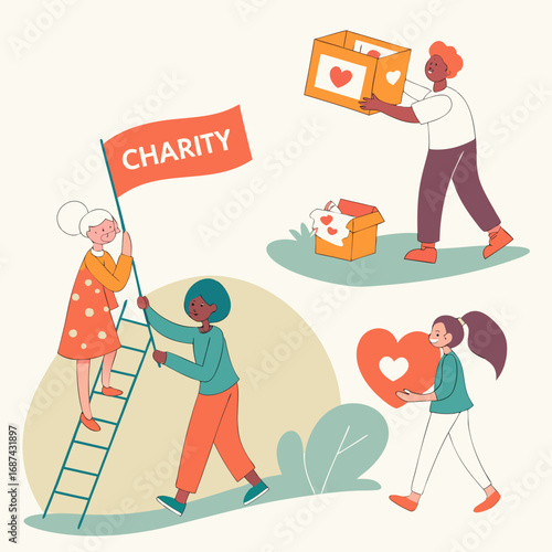Charity donation drive volunteer work community support and giving back concept illustration for social cause