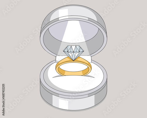 Elegant diamond ring in an open velvet box, illuminated by a spotlight