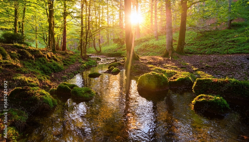 Obraz premium sunlit stream in a mossy forest reflecting the golden hour