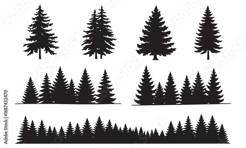 Collection of silhouetted evergreen pine trees and forests for natural landscape scenes white background