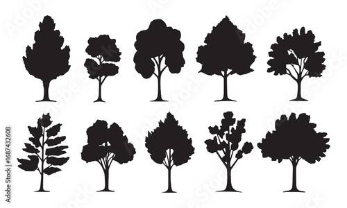 Collection of ten diverse silhouette trees for nature and landscape design elements white background