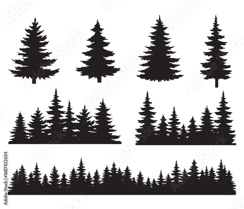 Collection of silhouette pine trees forest landscape elements for nature design and illustration projects white background