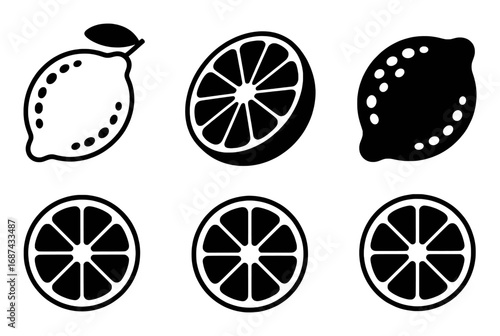 Black and White Icons of Lemons and Lemon Slices